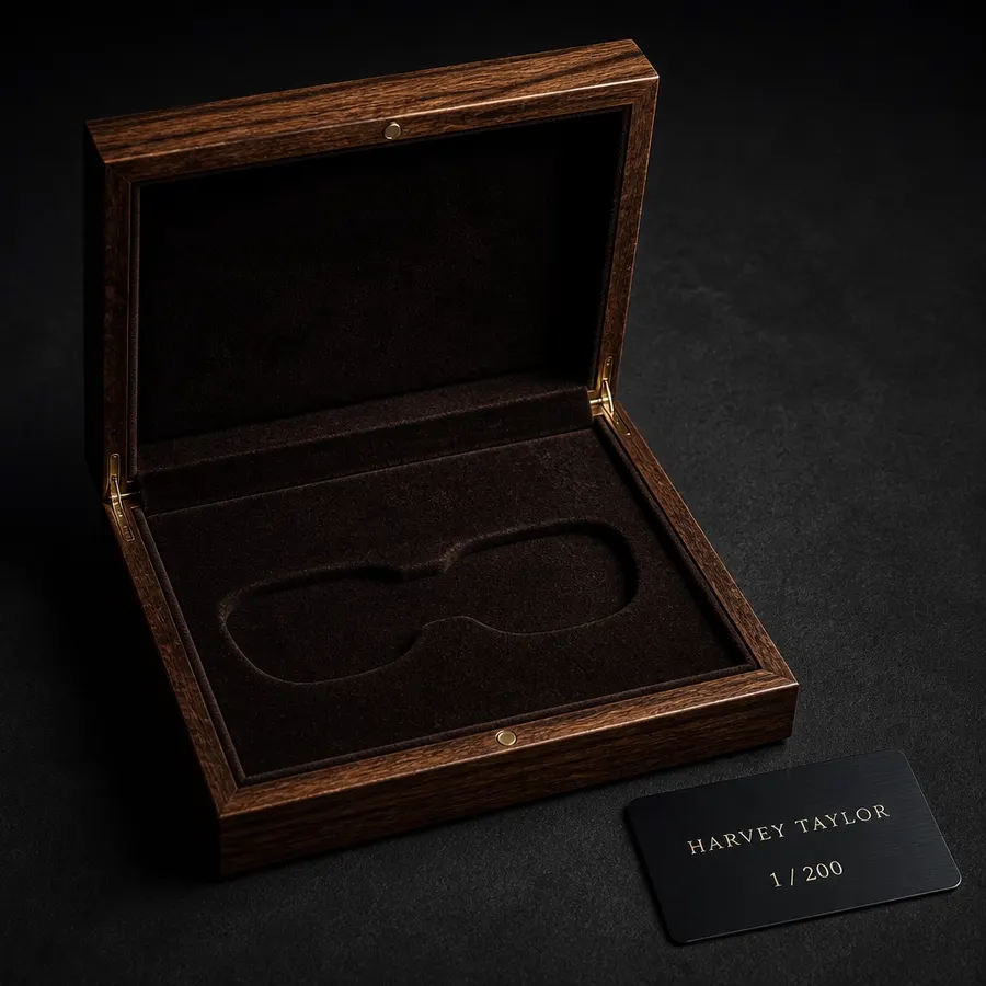 Open exotic hardwood presentation box with an empty velvet frame recess and etched Harvey Taylor authenticity card marked 1 / 200
